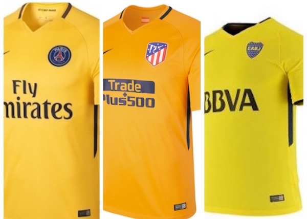 Les maillots de l'Atlético de Madrid et de Boca Juniors sont aussi très proches du jaune du PSG