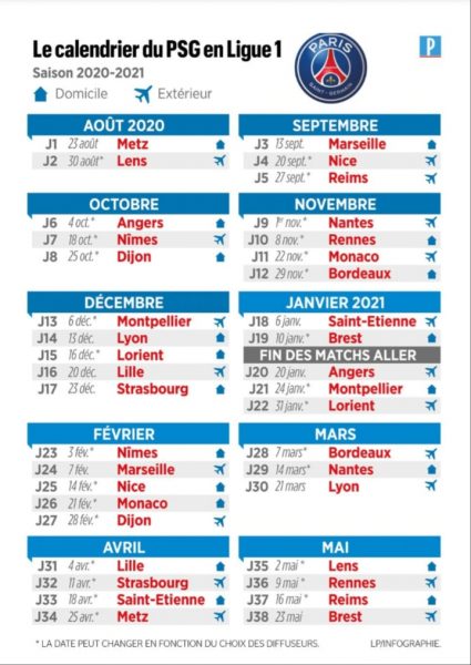 Le Parisien dévoile le calendrier complet du PSG en Ligue 1 20202021