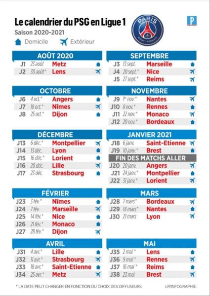 Le Parisien dévoile le calendrier complet du PSG en Ligue 1 20202021