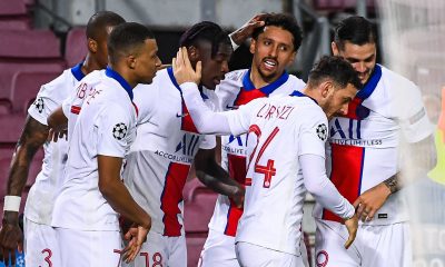 Marquinhos célébration victoire PSG face à Barcelone